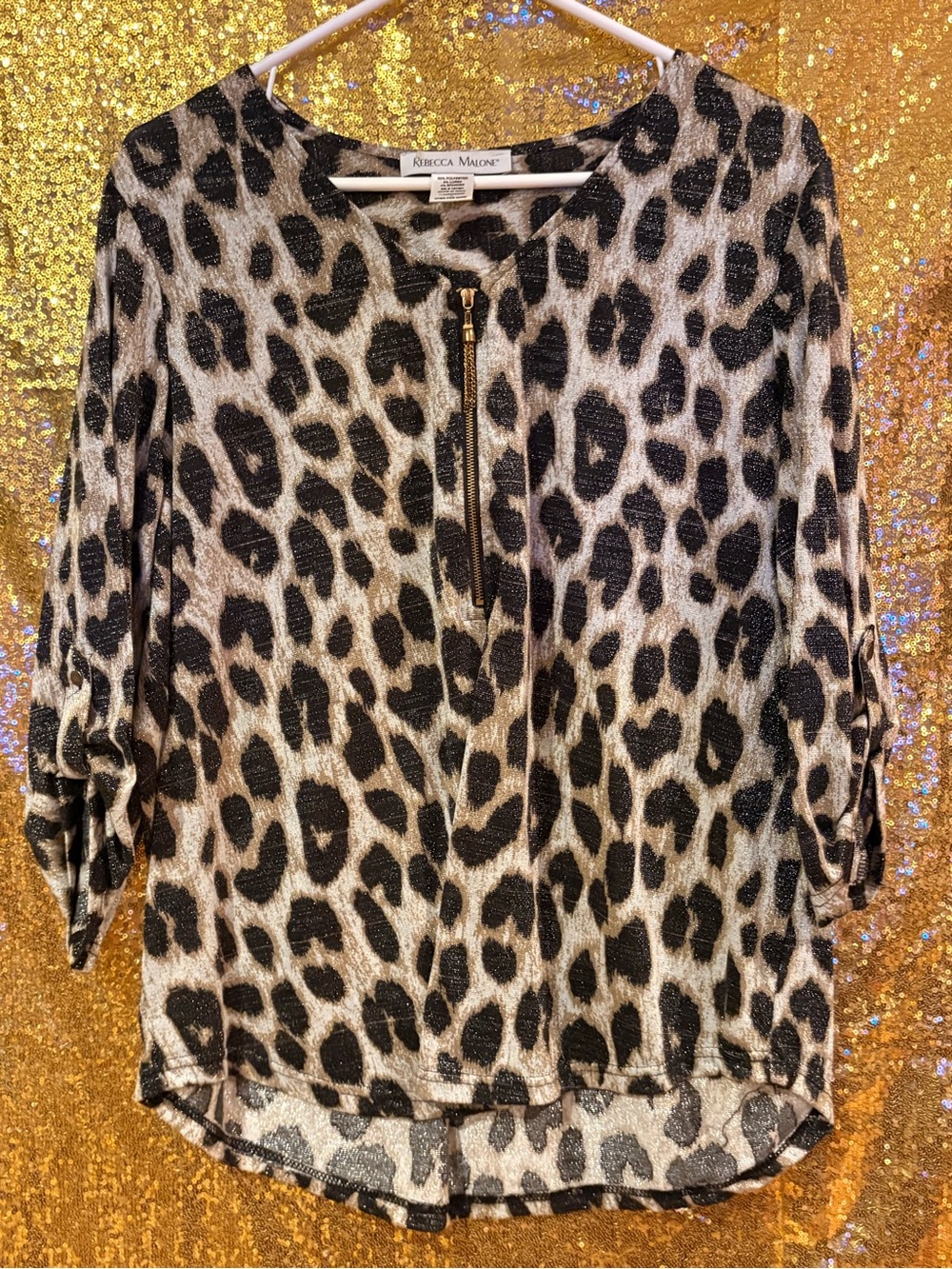 Rebecca Malone Metallic Leopard Zip-Front Tunic - Black & Gold